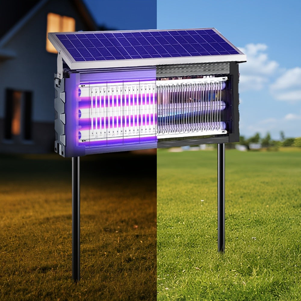 Solar-Powered Bug Zapper in Black with Automatic Day-Night Operation, Hook, Support Rod and Listed 10ft Solar Panel Extension Cord for Patio and RV Setups
