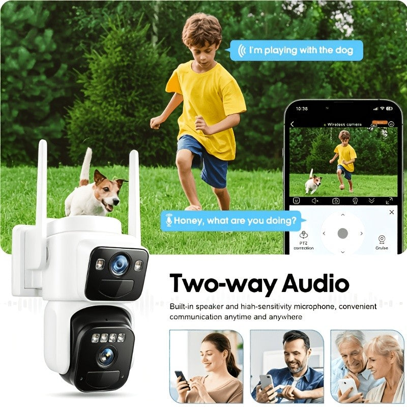 Dual Lens Solar Security Camera with 8000mAh Battery, Fixed Wide-Angle and PTZ Views, WiFi Motion Alerts, Two-Way Audio and Night Vision in White