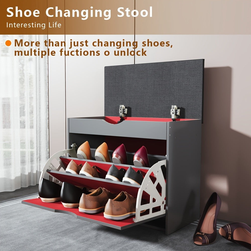 Cushioned Shoe Storage Cabinet with Three Listed Layers and Soft Padded Top, Brown or Gray Options for Entryway, Bedroom and Hallway Footwear Organization