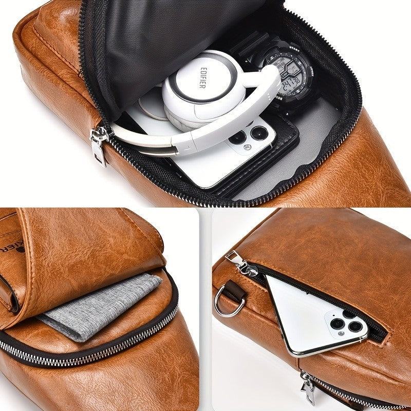 1 Men'S New Faux Leather Retro Casual Simple Chest Bag, Crossbody Large Capacity Multi Compartment Premium Men'S Crossbody Bag, Suitable For Carrying On The Go.