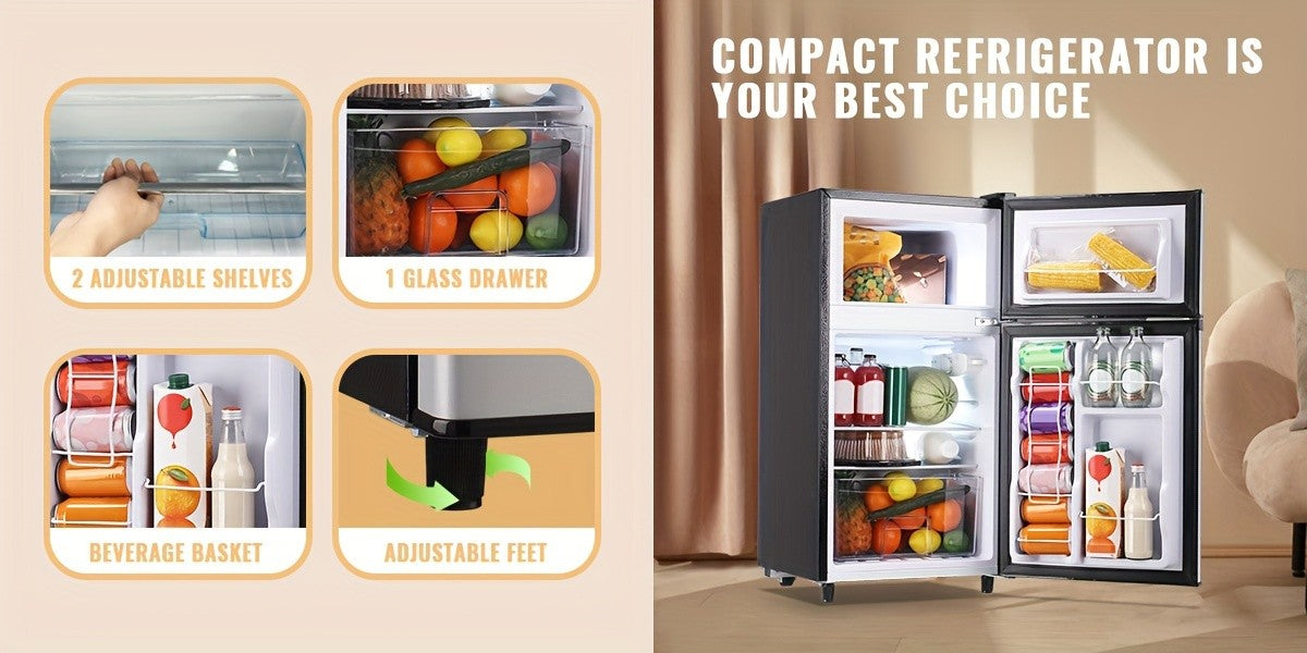 Compact Fridge Freezer by WANAI, Double-Door 3.5 or 4.5 Cu Ft Options with Seven-Level Thermostat, Removable Shelves and Listed LED Light for Apartment and Office
