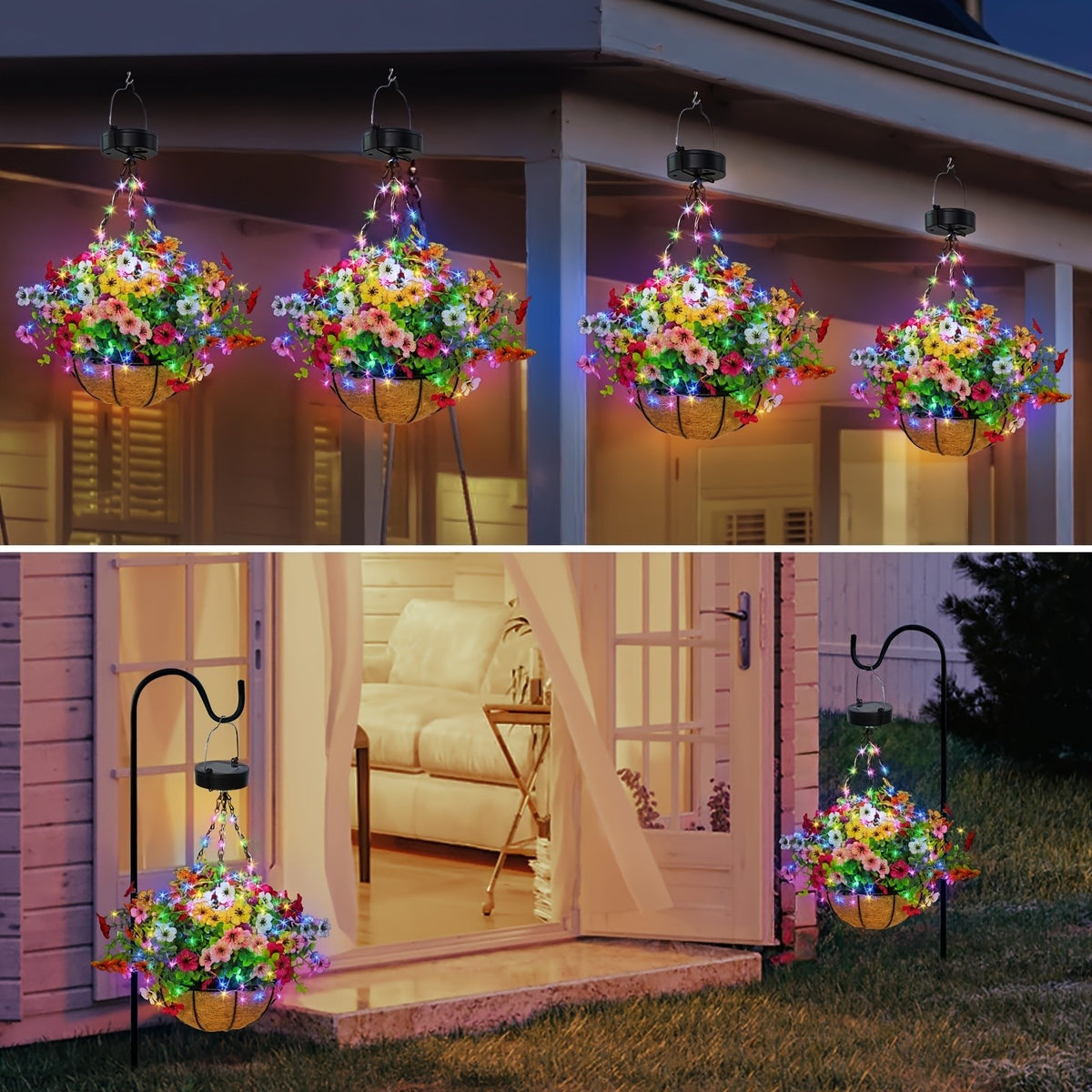 Solar Hanging Flower Baskets, Artificial Floral Decor with Coco Coir Liner and Listed 10-Inch Size, Multicolor Selection Labels for Porch and Patio Displays