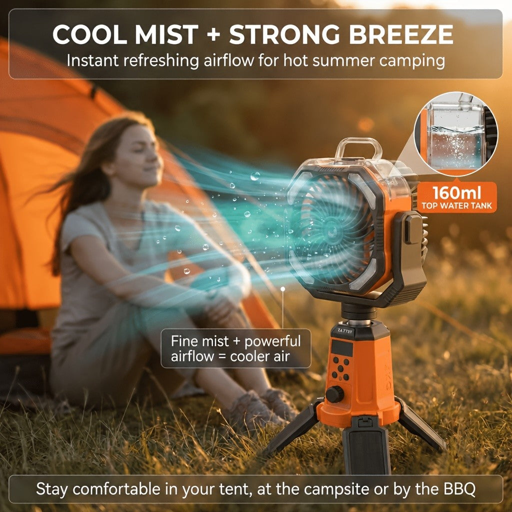TAZTIR Camping Fan with Listed 20000mAh Battery, Basic or Mist Models in Black or Orange and a Mist+Scalable Option for Tent and Campsite Airflow