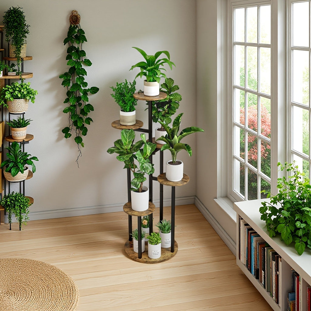 Six-Tier Metal Plant Stand by SUOERNUO with Listed Nine-Pot Display Layout, EVA Base Pads and Black or White Options for Indoor Corner Decor
