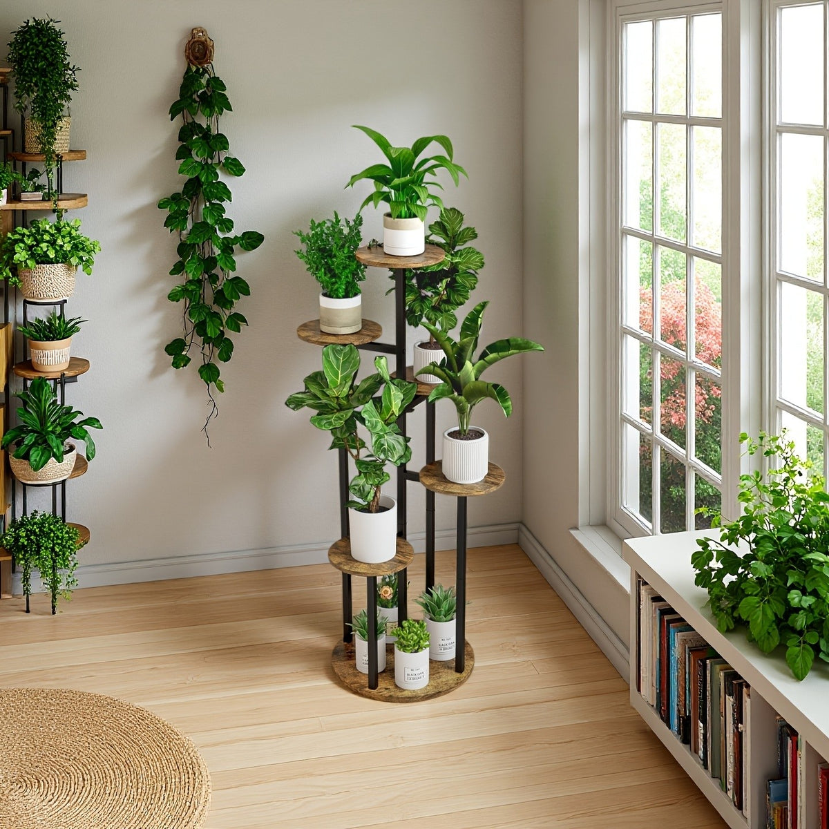 Six-Tier Metal Plant Stand by SUOERNUO with Listed Nine-Pot Display Layout, EVA Base Pads and Black or White Options for Indoor Corner Decor