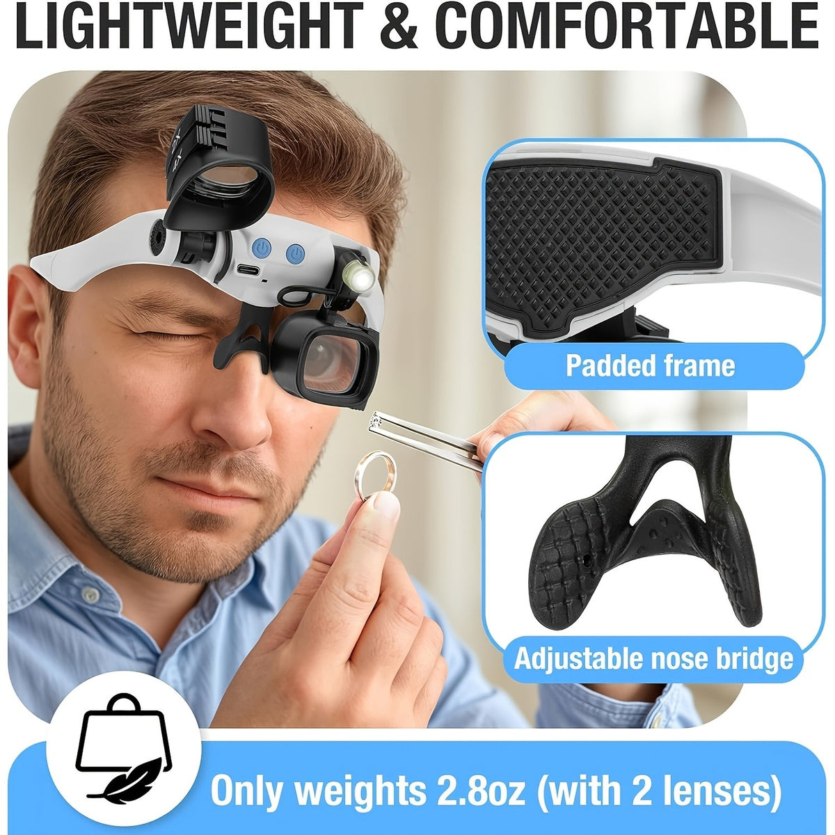 Head-Mounted Magnifying Glass with Light for Watch Repair and Model Making, Interchangeable Lens Design for Hands-Free Detailed Crafts and Hobby Work