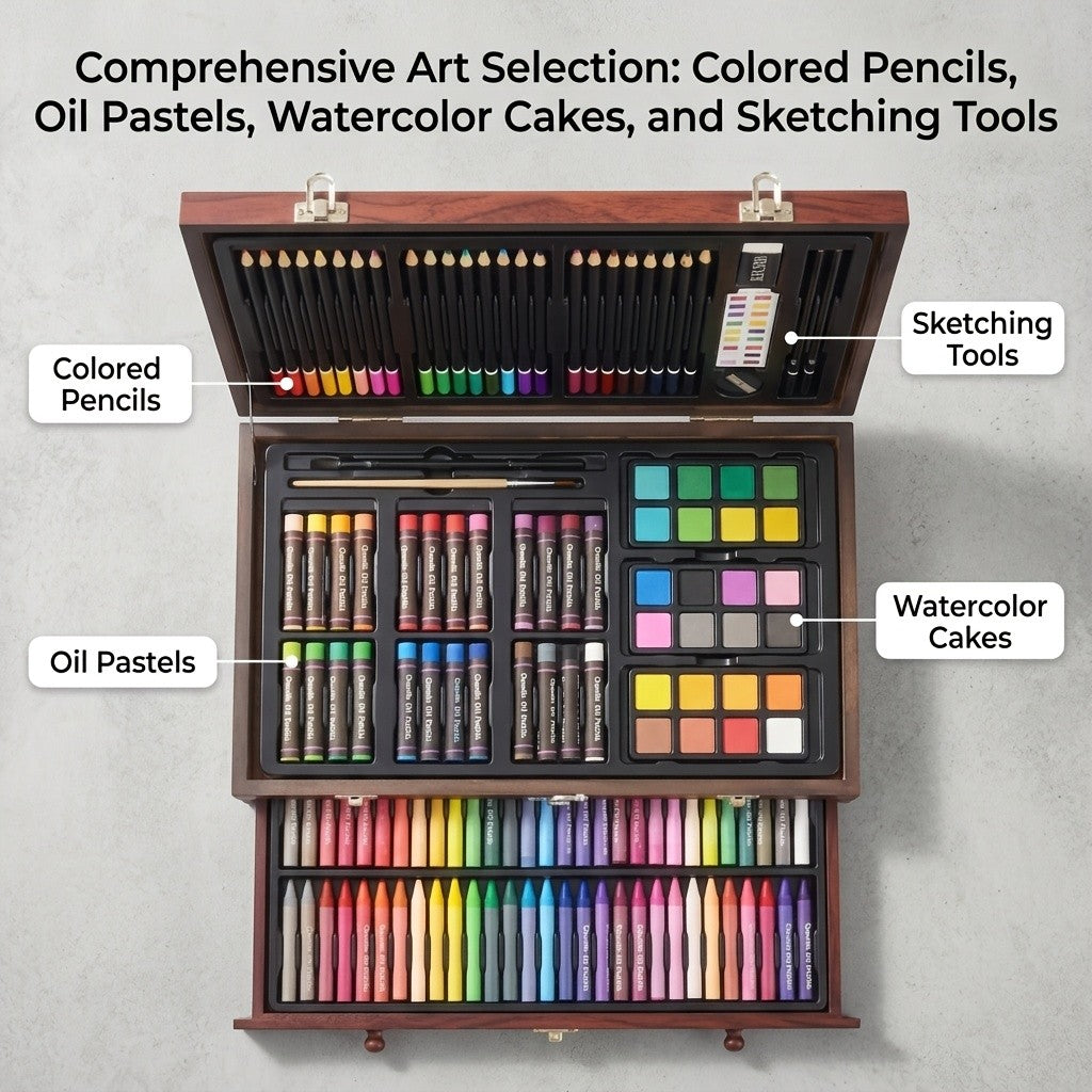 Wooden Case Art Set, 145-Piece Three-Layer Selection with Crayon, Oil Pastel, Watercolor Cake and Colored Pencil References for Drawing and Painting