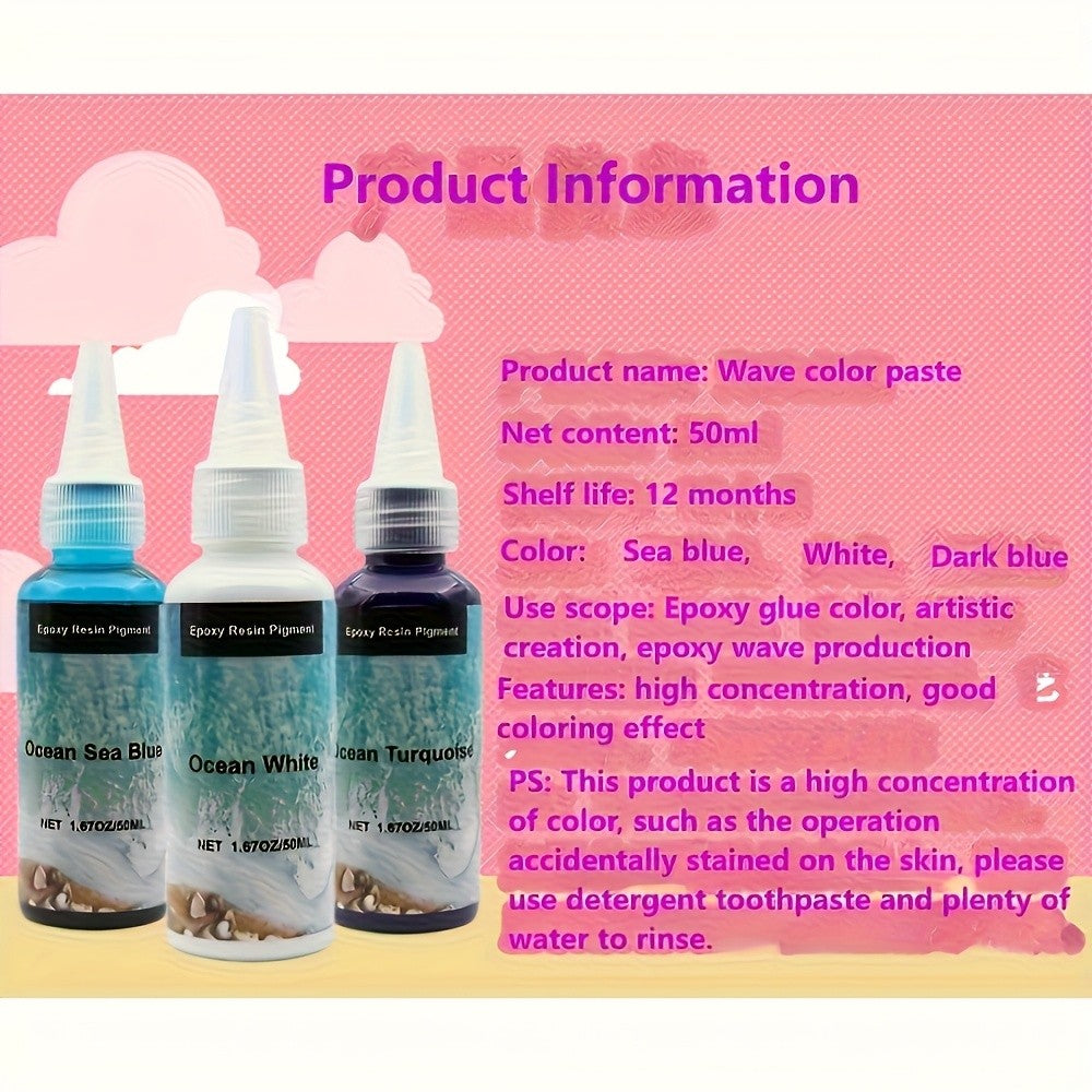 Ocean-Inspired Resin Pigment Set, White, Sea Blue and Deep Blue Oil-Based Colorants, 50ml Each for Ocean Wave Resin Art and Creative Craft Projects