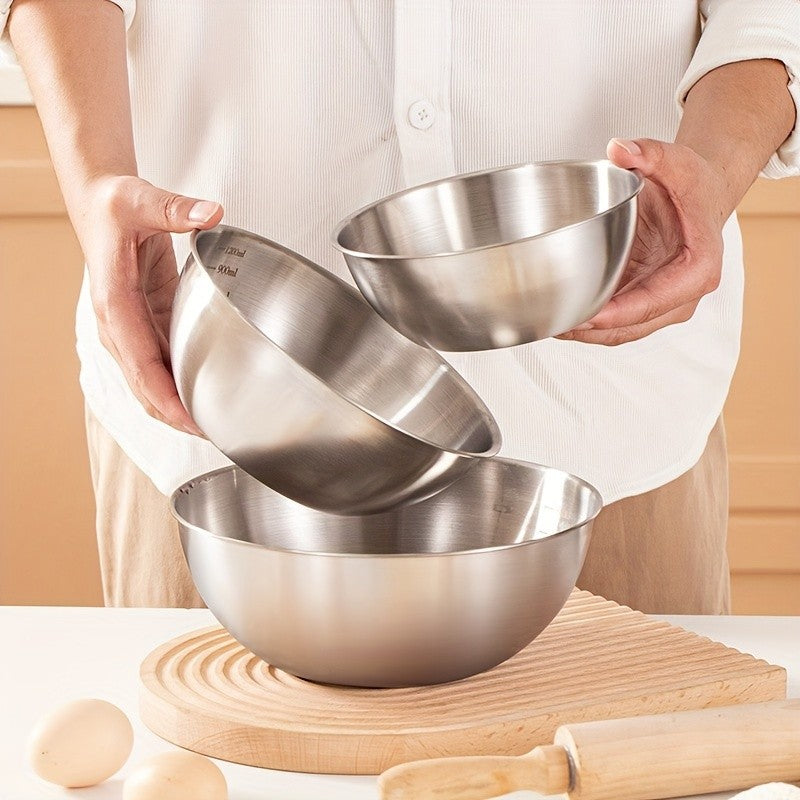 Mixing Bowls with Measuring Marks, Three-Piece Polished Stainless Steel Set in Small, Medium and Large Sizes for Baking, Salad Mixing and Kitchen Prep