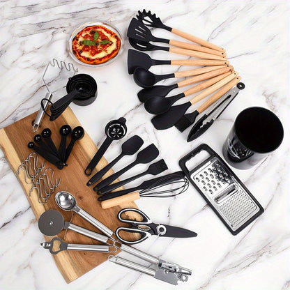 Silicone Cooking Utensil Set, 37 or 44-Piece Kitchen Tool Options in Five Colors for Beginner Cooks, Everyday Meal Preparation and Housewarming Gifts