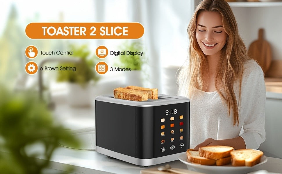 LCD Touchscreen Toaster with Two-Slice Capacity, Six Bread Types and Six Shade Settings, Listed Wide Slots with Bagel, Cancel and Defrost Functions