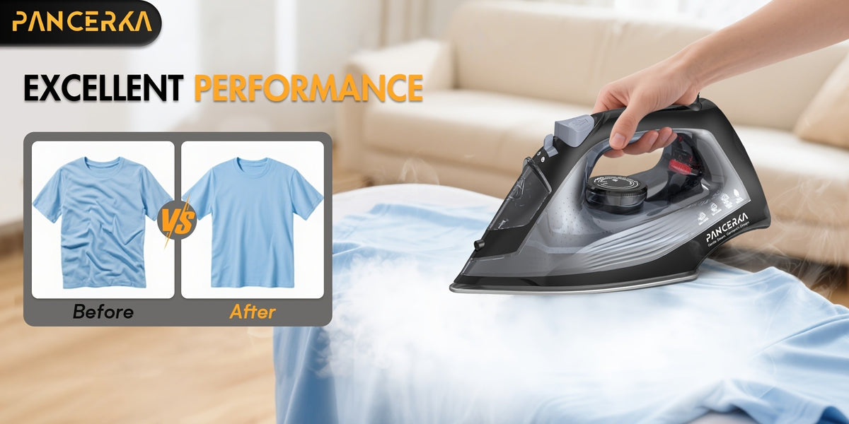 Adjustable Thermostat Steam Iron by PANCERKA, Black Clothes Iron with Listed 1200W Power, Nonstick Soleplate, Variable Steam Control and Overheat Protection Wording