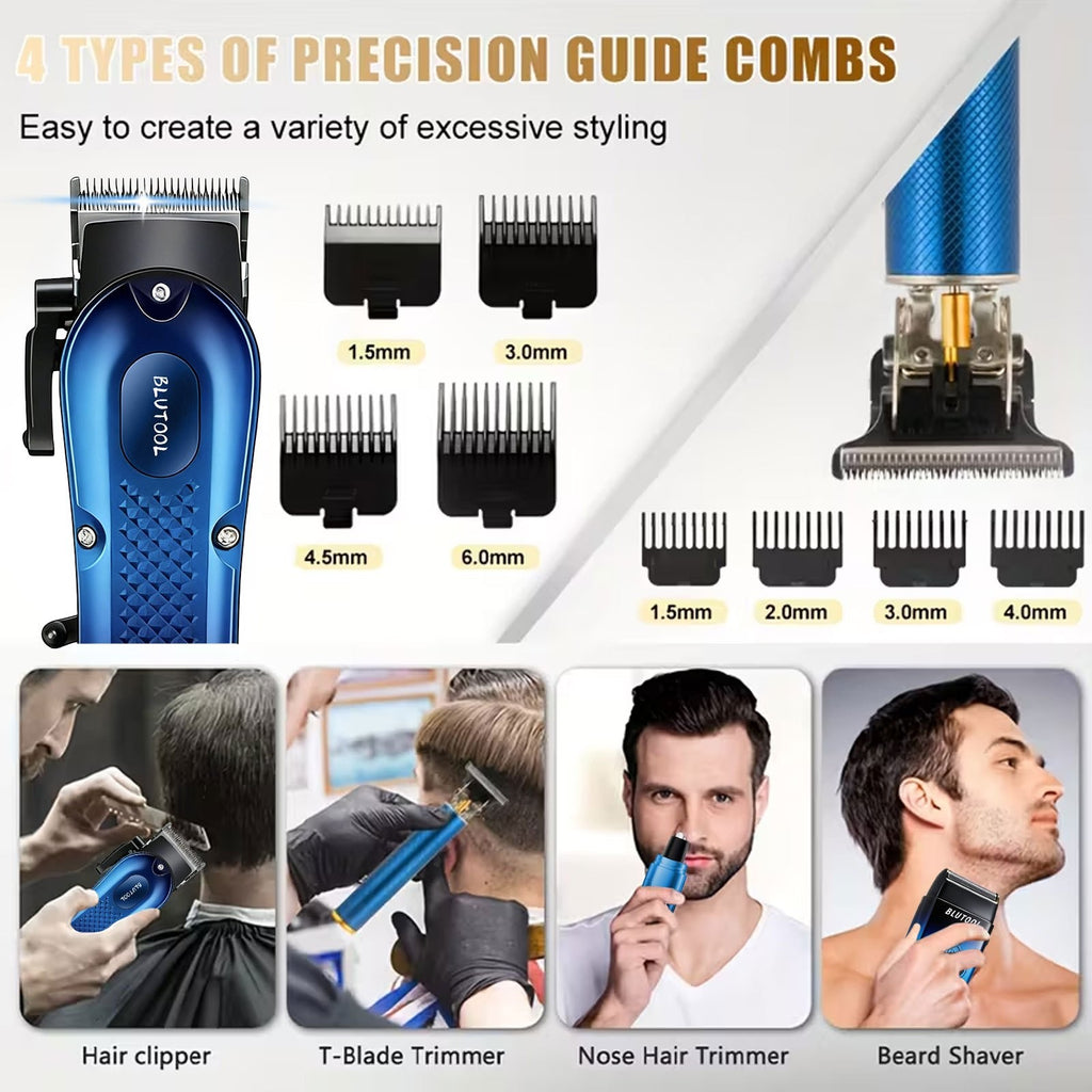 USB Rechargeable Hair Clipper Set for Men in Blue XY-4012, Cordless Grooming Tools with Listed Shaver, Nose Trimmer and Fine Trimmer Package References