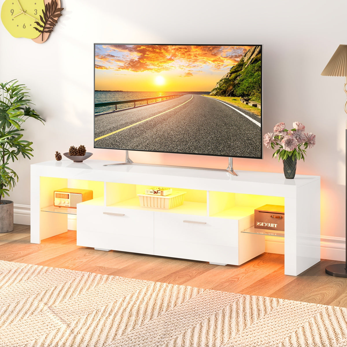 Black LED TV Stand with Listed 51-Inch Length and Single Storage Drawer, Modern Entertainment Media Console for Living Room, Bedroom and Game Room Organization