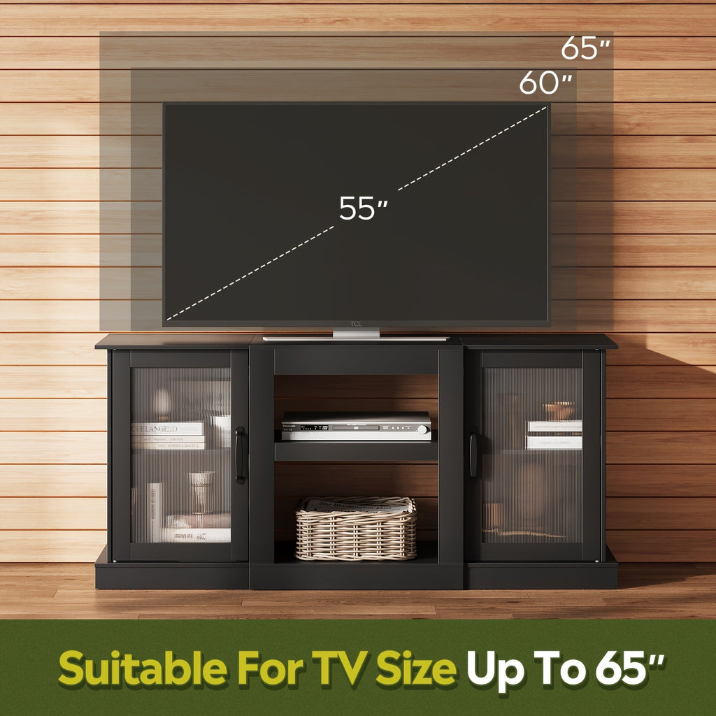 Retro TV Stand with Open Storage Shelves, Black, Rustic Brown or Greige Media Console for Compatible Television Setups in Living Rooms and Bedrooms