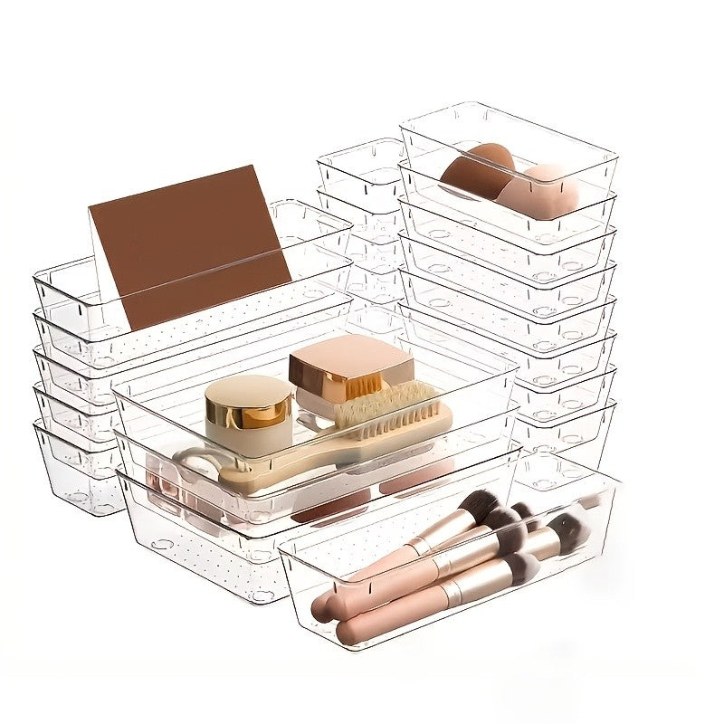Transparent PET Drawer Organizer Set with 44-Piece, 58-Piece, 23-Piece or 11 Plus 2 Options for Desktop, Vanity, Bathroom and Bedroom Small-Item Storage