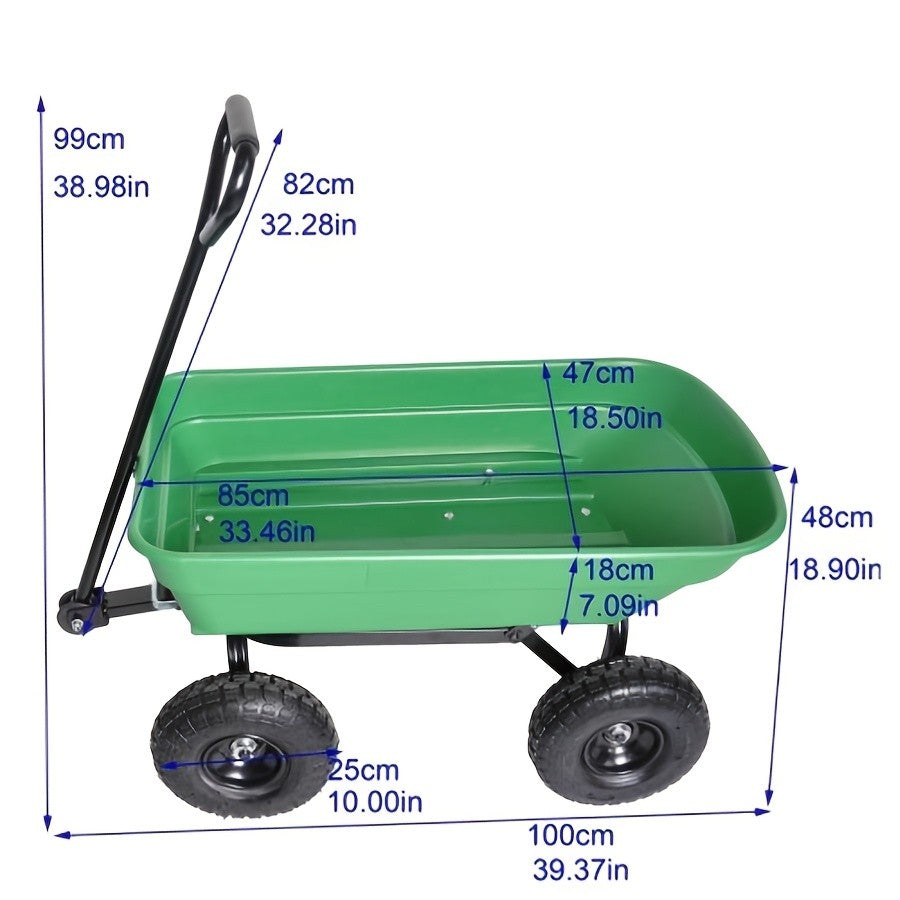 Poly Garden Dump Cart with Steel Frame, Listed 10-Inch Pneumatic Tires and 180-Degree Swivel Handle, Black or Green Option Labels for Lawn and Yard Supply Transport
