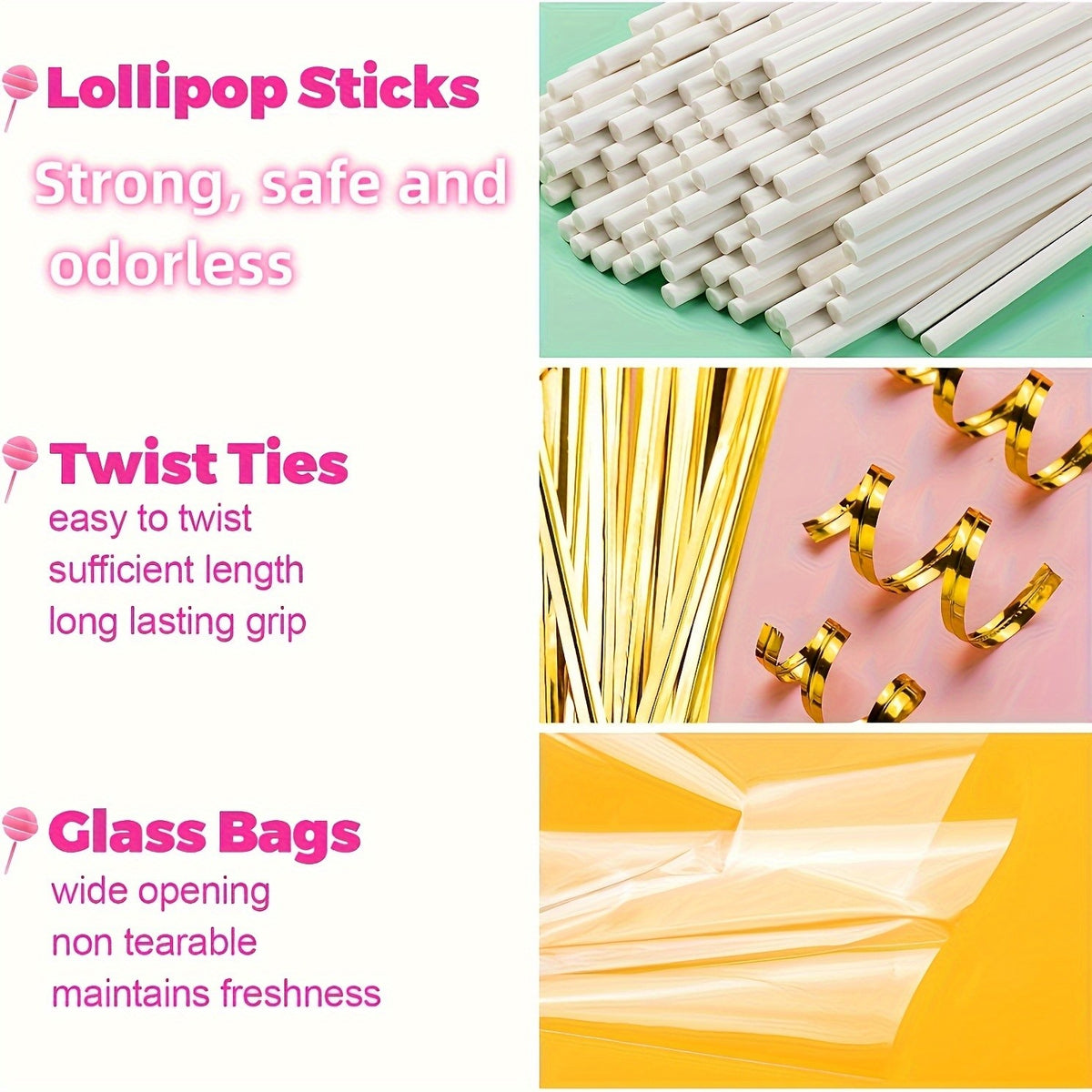Cake Pop Treat Bag Kit, 297-Piece Mixed Set of Plastic Bags, Lollipop Sticks and Golden Metallic Twist Ties for Candy Packaging and Party Favor Presentation