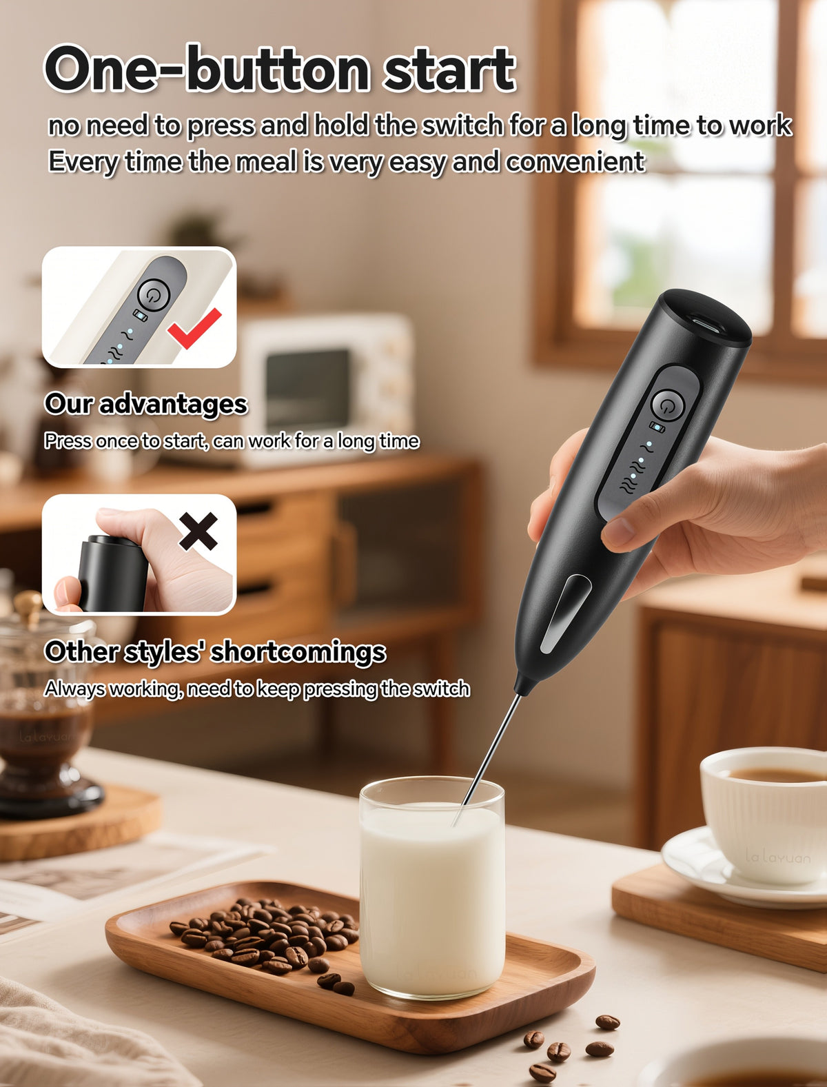 Electric Milk Frother with Three Speeds and USB Rechargeable Design, Four Color Labels with Foam Head or Egg and Frother Head Options for Home Coffee Preparation