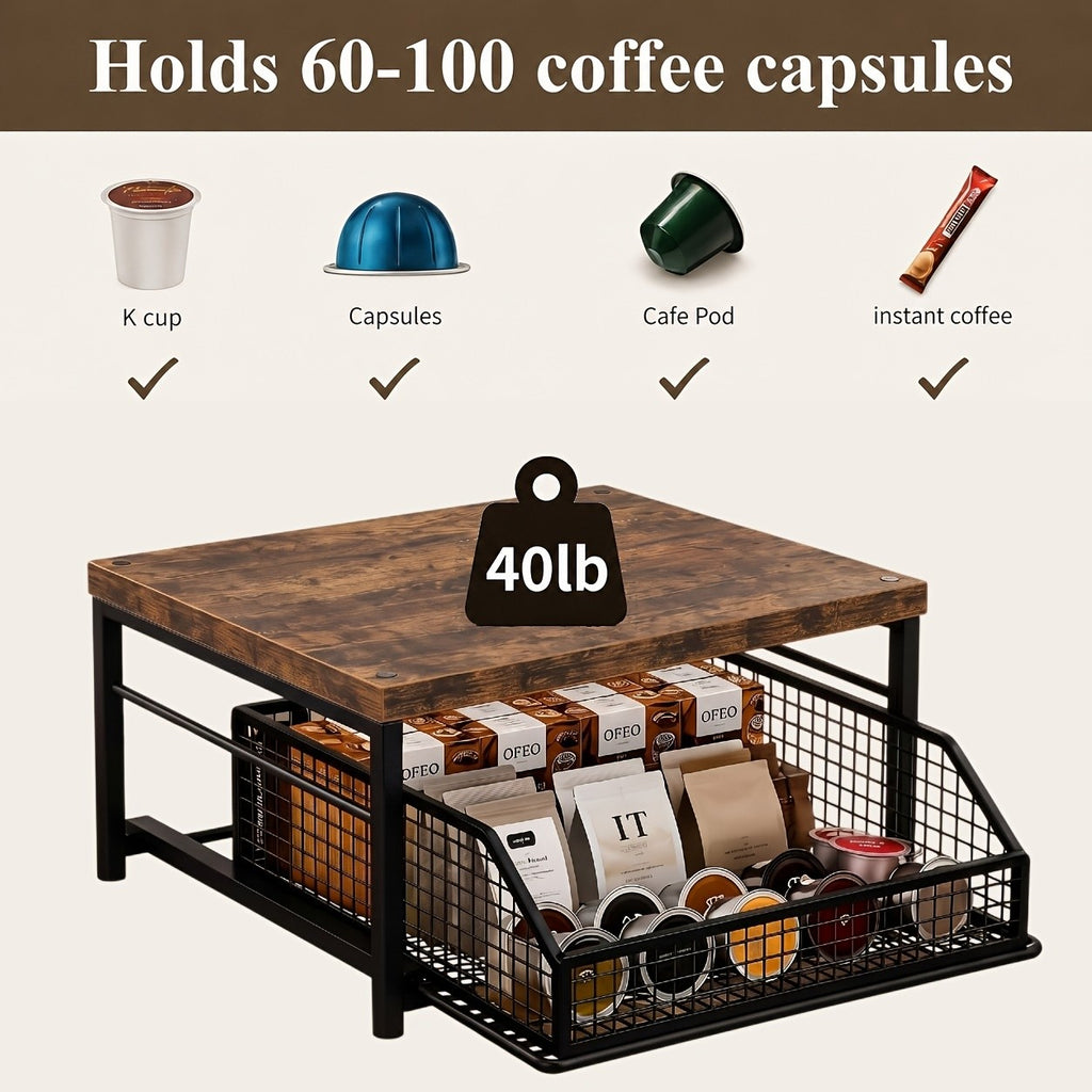 Coffee Pod Storage Drawer Stand, Modern Black Metal Countertop Shelf with Listed 70-Pod Capacity for Compatible Coffee Machines and Kitchen Accessories
