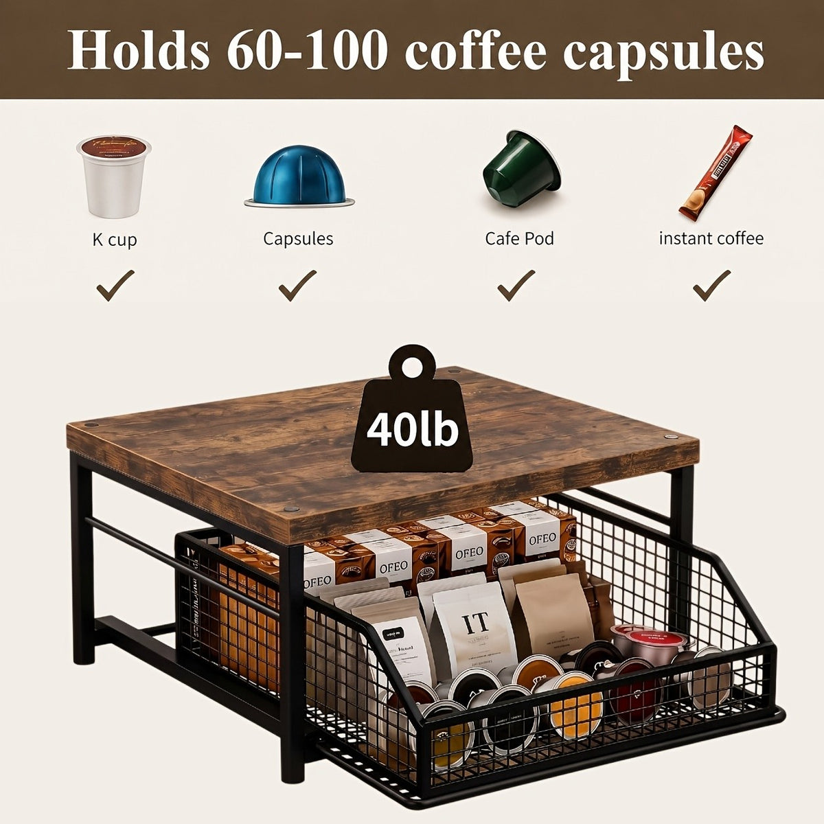 Coffee Pod Storage Drawer Stand, Modern Black Metal Countertop Shelf with Listed 70-Pod Capacity for Compatible Coffee Machines and Kitchen Accessories