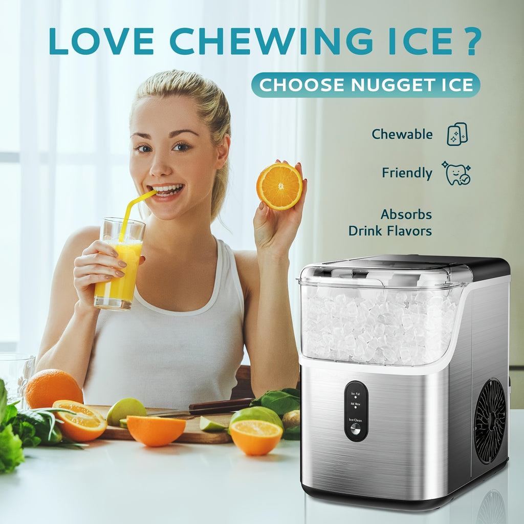 Lighted Countertop Nugget Ice Maker with Automatic Cleaning, Listed Black 37lb or Sliver 44lb Option Labels, Ice Scoop and Basket for Home Kitchen Drinks