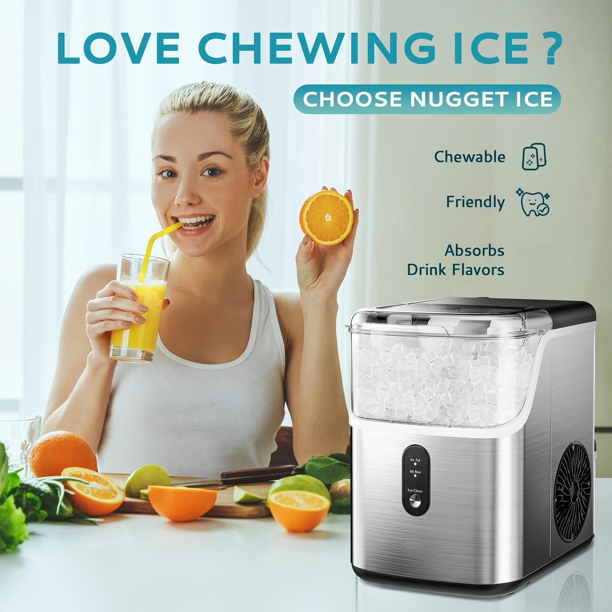 Lighted Countertop Nugget Ice Maker with Automatic Cleaning, Listed Black 37lb or Sliver 44lb Option Labels, Ice Scoop and Basket for Home Kitchen Drinks