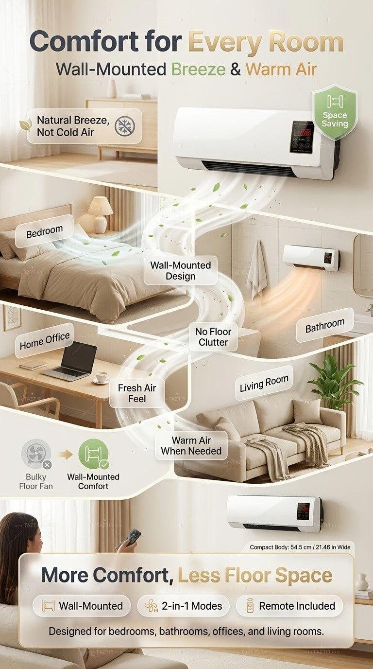 1200W Wall-Mounted Ceramic Heater in White, PTC Heating Design with Remote Control and Timer, Listed Dual-Mode Model for Space-Conscious Home Installation