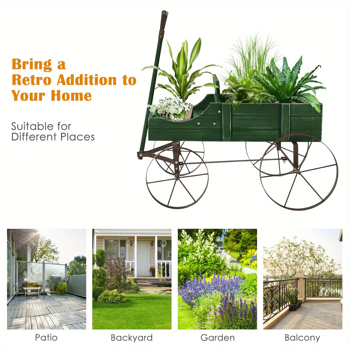 Wooden Planter Cart with Two Planting Boxes, Four Iron Wheels and Pull Handle, Painted Fir Wood Garden Flower Stand with 33lb Listed Load Limit in Five Colors