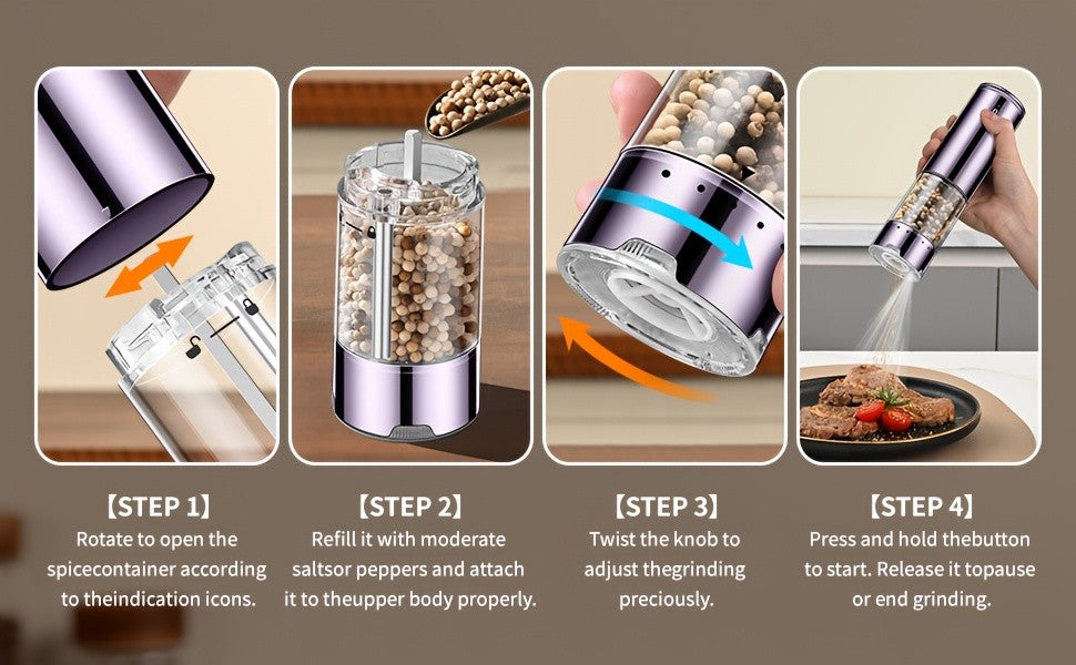 Automatic Salt and Pepper Grinder Set, 2 Refillable Electric Mills in Silvery with LED Light, Adjustable Coarseness and One-Handed Operation for Kitchen Seasoning
