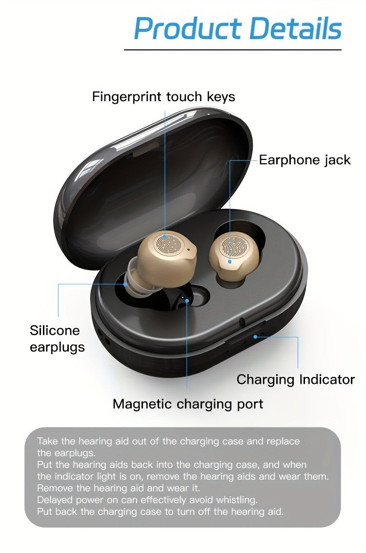 USB Charging Hearing Device with Light Beige Unit and Black Charging Box, Listed 320mAh Case Battery, Noise Reduction and 10-Second Delayed Startup