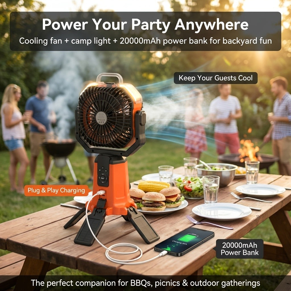 Dual-Motor Camping Fan with Listed Remote Control, 1–100 Speed Adjustment and Oscillation, Classical, Mist and Solar Option Labels for Tent and Outdoor Airflow