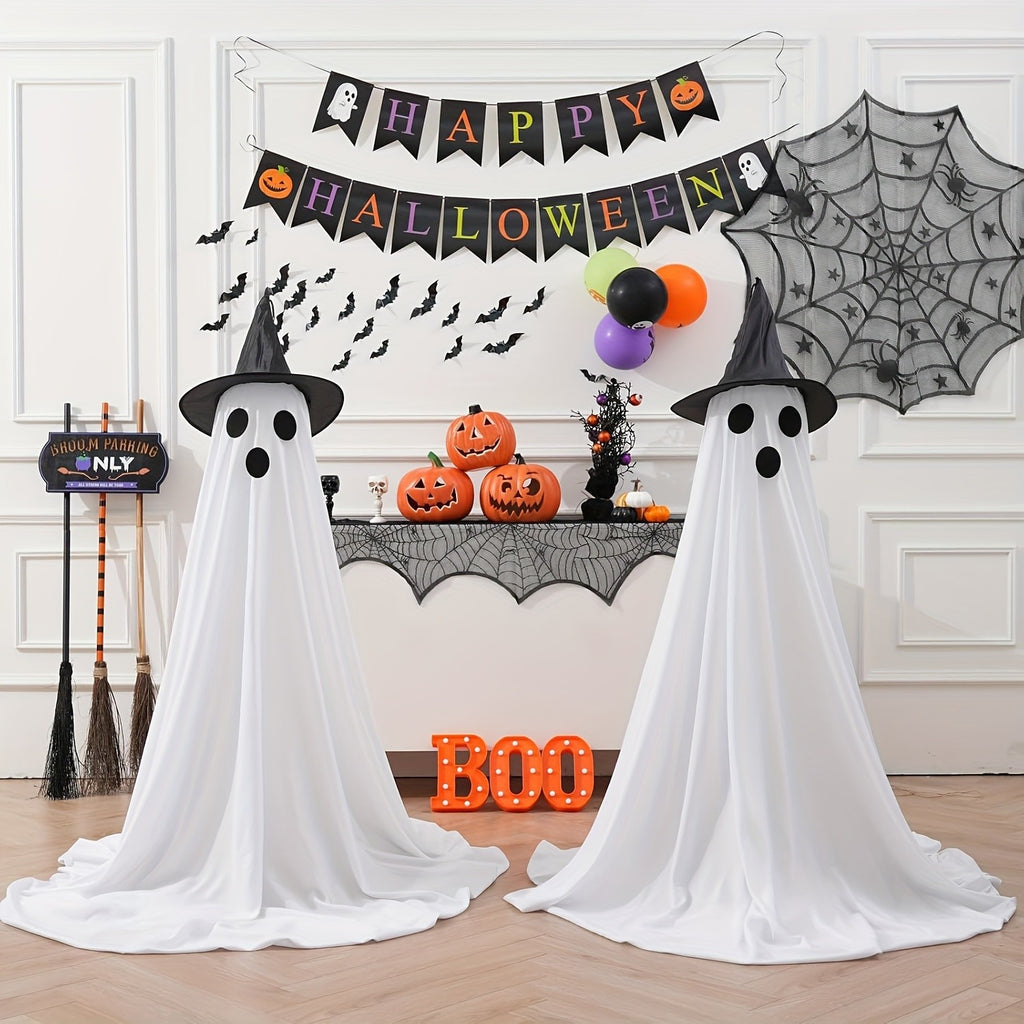 Witch Hat Ghost Decorations, Two-Piece Lighted Halloween Display Set with String Lights in White Ghost or Warm Color Options for Seasonal Home and Party Decor