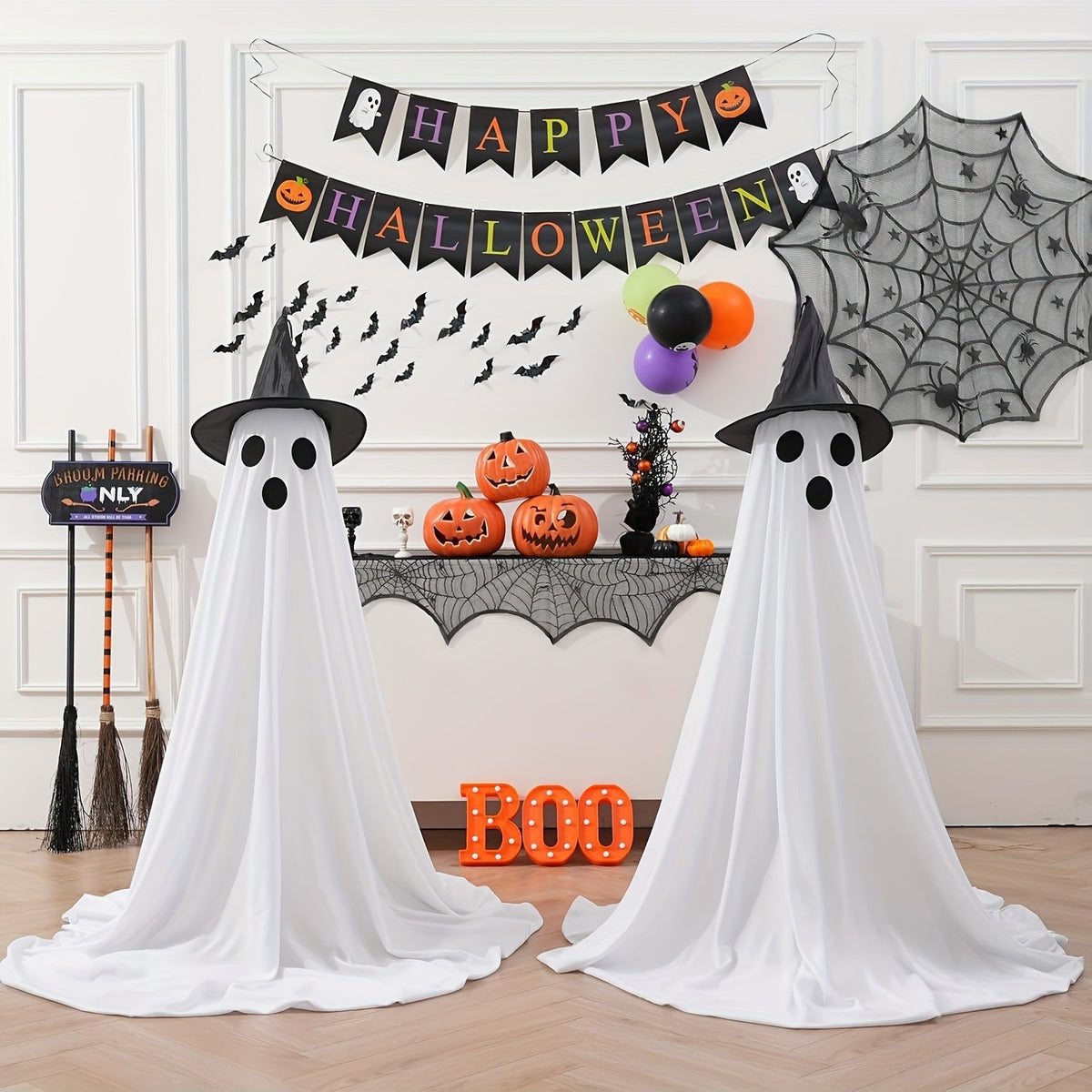Witch Hat Ghost Decorations, Two-Piece Lighted Halloween Display Set with String Lights in White Ghost or Warm Color Options for Seasonal Home and Party Decor