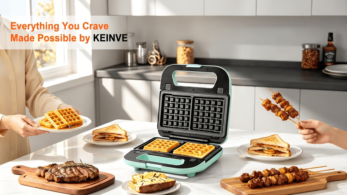 Three-in-One Sandwich and Waffle Maker with Listed 750W Power and Removable Nonstick Plates, Teal and Three-Plate Option Labels for Home Kitchen Meal Preparation