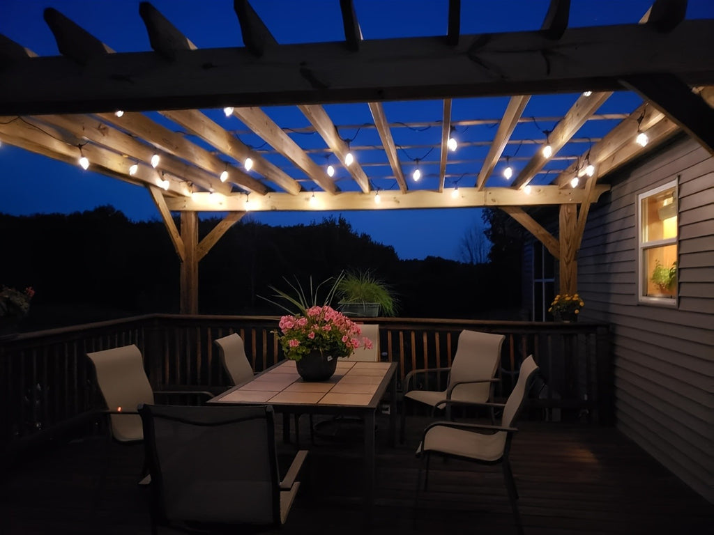 Teardrop Solar String Lights with 2700K Warm ST38 LED Filament Bulbs, Dimmable Outdoor Patio Decor in 50, 120, 150 or 200ft Length Options