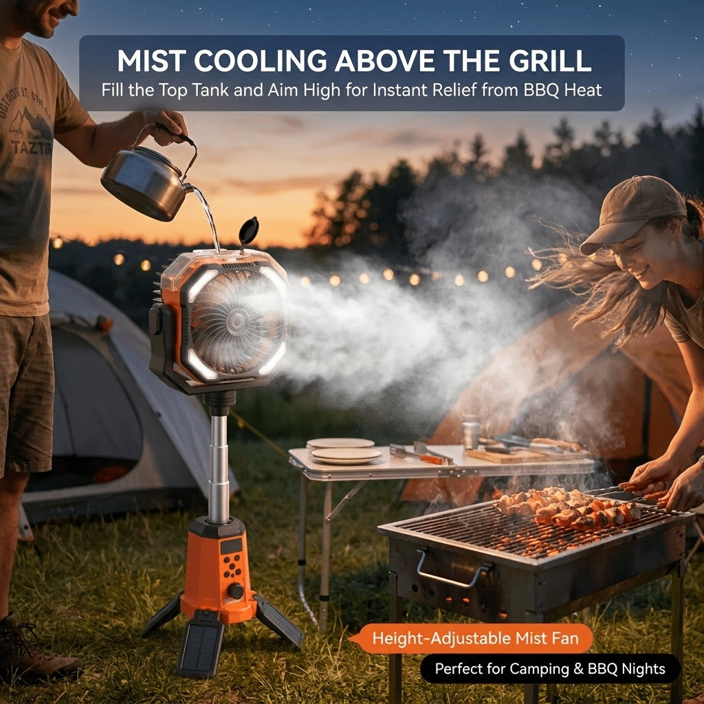 Dual-Motor Camping Fan with Listed Remote Control, 1–100 Speed Adjustment and Oscillation, Classical, Mist and Solar Option Labels for Tent and Outdoor Airflow