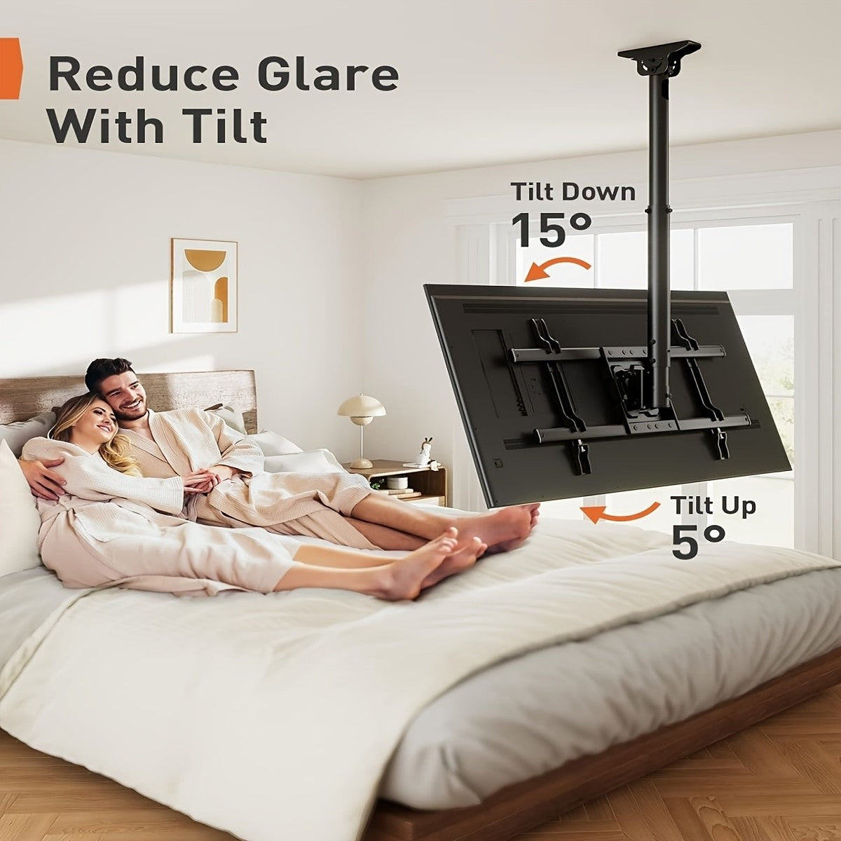 Ceiling TV Mount with 360-Degree Swivel, Adjustable Tilt and Hidden Cable Management, Black Overhead Bracket for Compatible Flat or Curved TVs