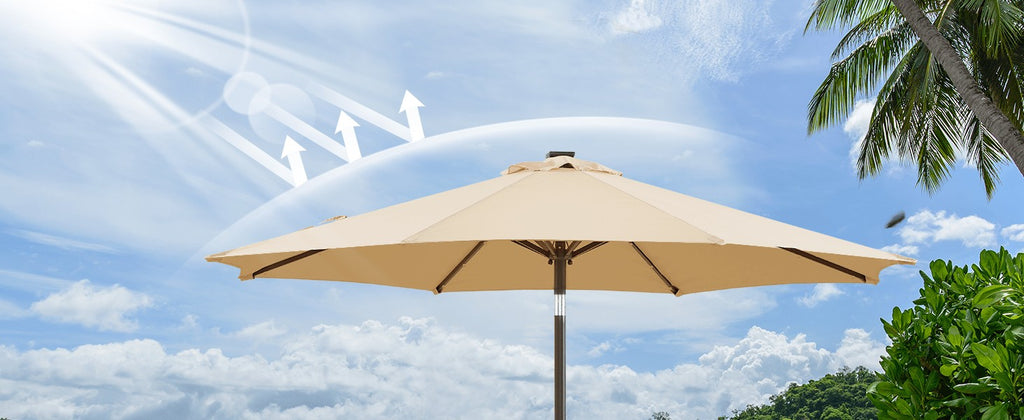 Crank Lift Patio Umbrella, 10ft Market Shade with Push Button Tilt and Eight Ribs in Red or Blue for Garden Seating, Backyard Tables, Decks and Poolside Lounging