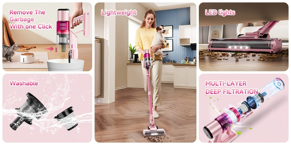 LED Display Cordless Vacuum Cleaner with Anti-Tangle Floor Brush and Detachable Rechargeable Battery for Carpet, Pet Hair, Tile and Hardwood Floors
