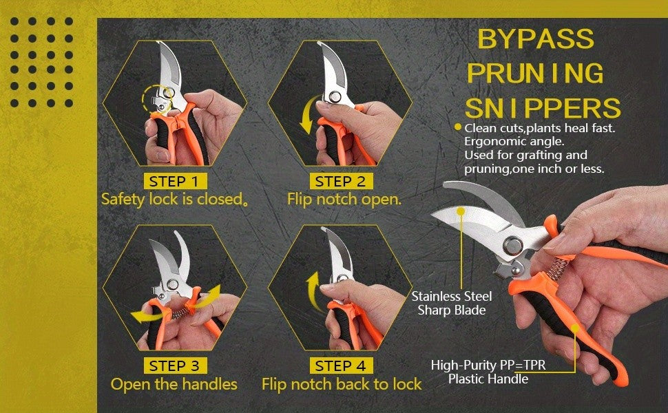 Garden Pruning Shears Set with Listed Stainless Steel Blades and Storage Bag, Five-Piece Tool Wording in Multicolor or Orange and Black for Plant Maintenance