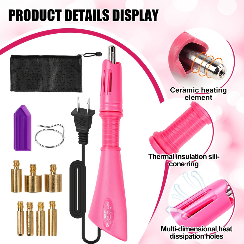 Hotfix Rhinestone Applicator Kit with Seven Tips, Three Listed Stone Boxes, Tweezers and Wax Pens, Purple or Pink Heat Tool for Compatible Fabric Craft Decoration