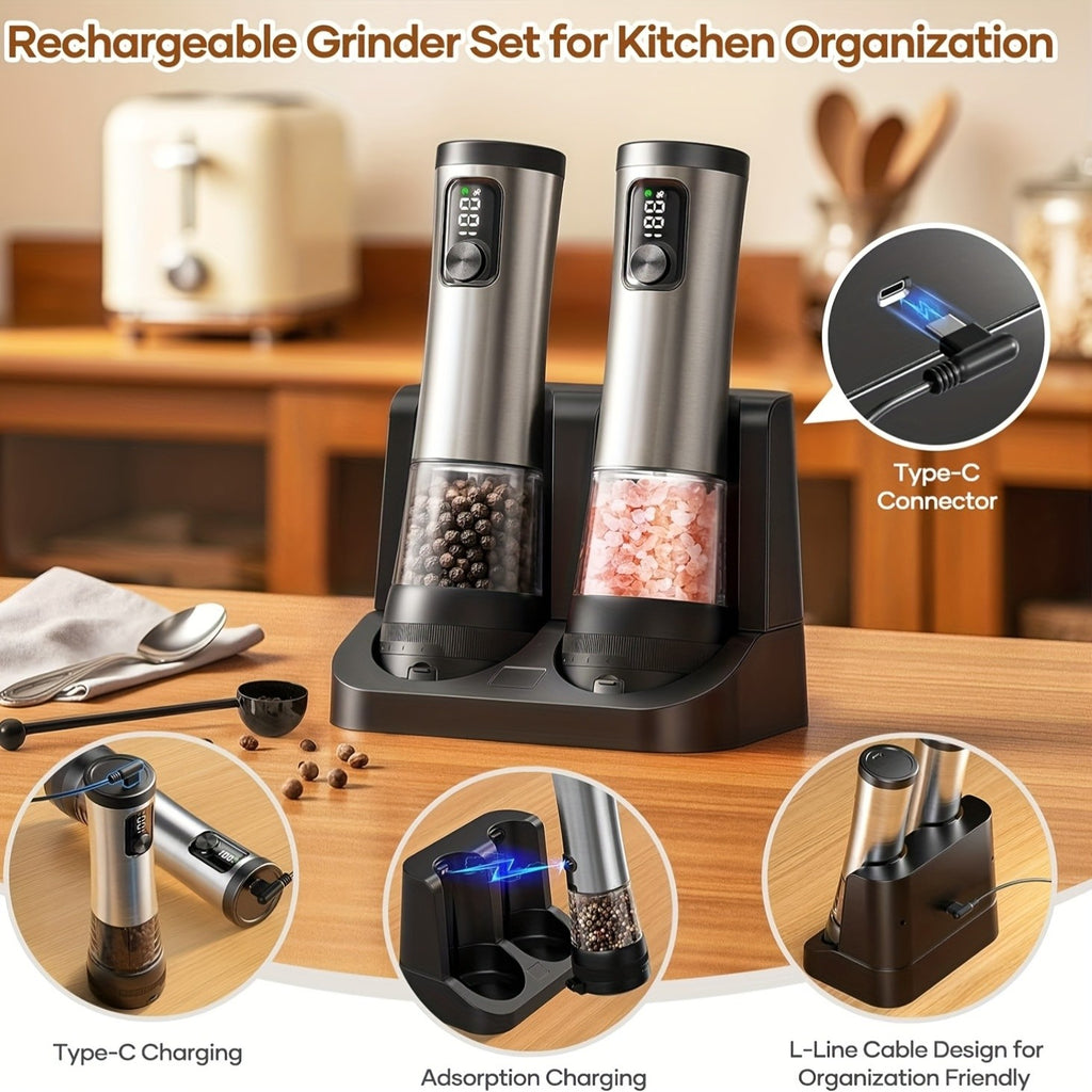 Rechargeable Salt and Pepper Grinder with Adjustable Coarseness and LED Display, 3-in-1 Silvery Black or 6.76oz Double Barrel Options for Kitchen Seasoning