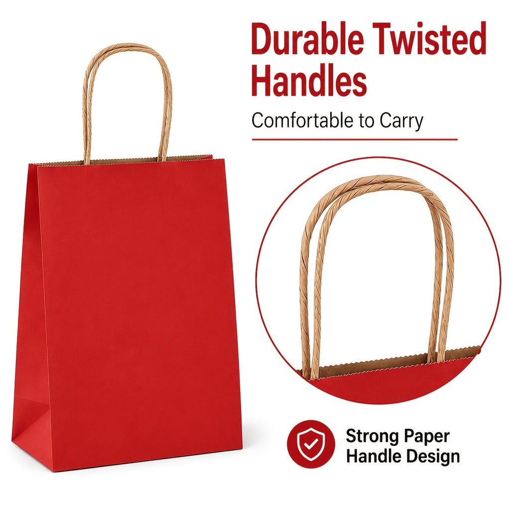 Red Kraft Gift Bags with Twisted Paper Handles, Listed 100-Pack in Small or Medium Sizes for Retail Packaging, Wedding Favors, Birthdays and Holiday Presents