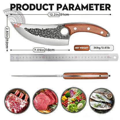 Viking Style Chef Knife with Sheath and Listed Sourwood Handle, Approximately 7-Inch High Carbon Steel Blade for Meat and Vegetable Prep, Camping Cooking and BBQ