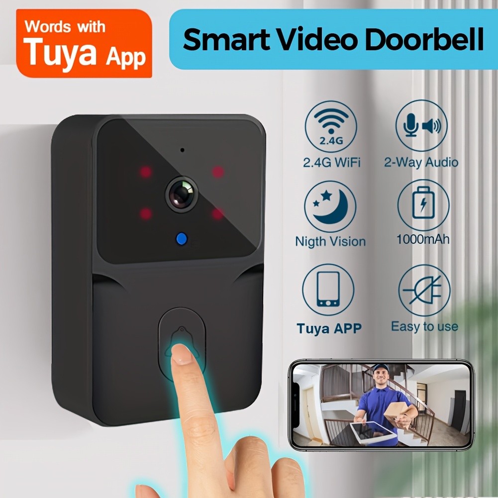 Tuya Smart WiFi Doorbell Camera, Rechargeable Wireless Video Doorbell with Night Vision, Voice Change, Two-Way Calls and Photo Recording for Home Entry
