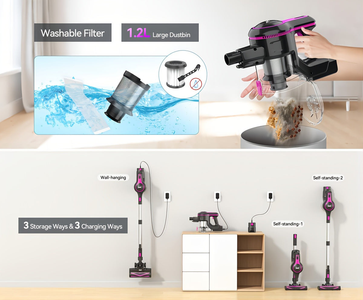 INSE Cordless Vacuum Cleaner, 6-in-1 Rechargeable Home Vacuum with Detachable Battery, LED Brush and 50.5oz Dust Cup for Hardwood, Carpet and Pet Hair