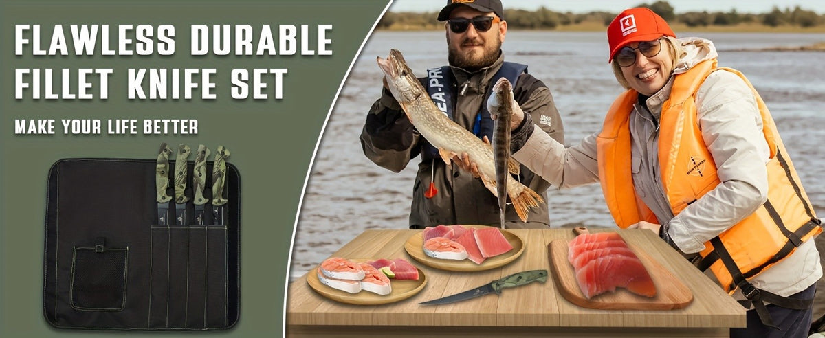 Fish Fillet Knife Set with 5, 6, 7 and 9 Inch Listed Blades, Stainless Steel Bait and Boning Tools with Carrying Bag, Sharpener and Optional Scissors Selection