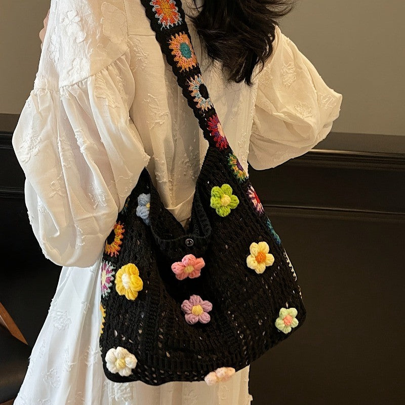 Boho Messenger Bag for Women with Hollow Flower Details and Contrast Fabric, Vintage-Inspired Casual Purse with Button Accents, No Closure and Seven Option Labels