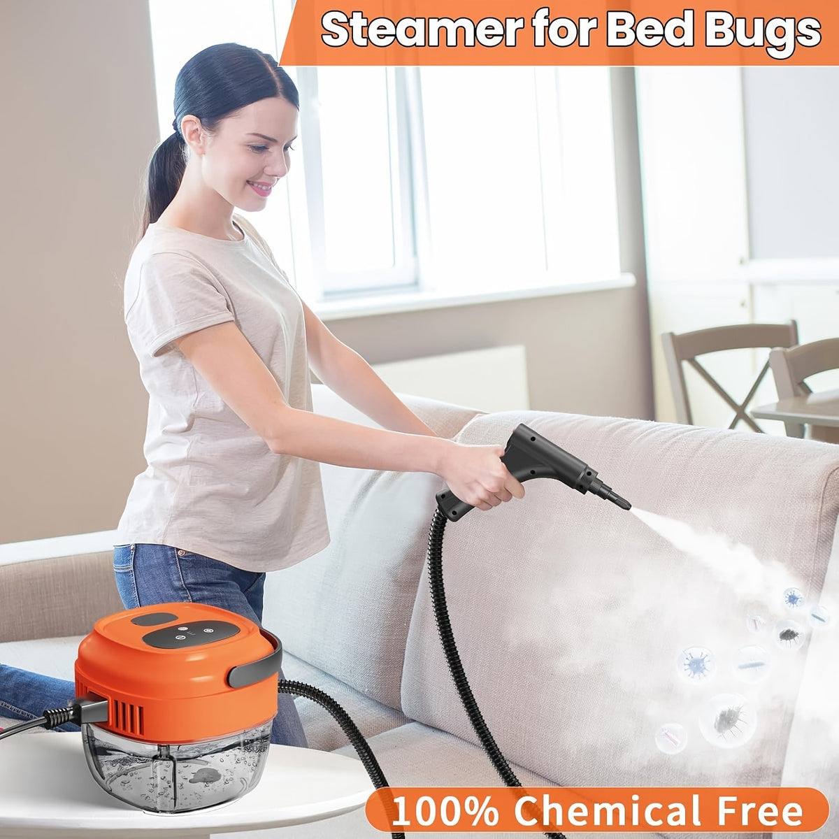 Handle-Controlled Steam Cleaning Machine with Listed 2500W Power and 57.48oz Water Tank, Black, Red or White Portable Steamer for Compatible Home and Car Surfaces